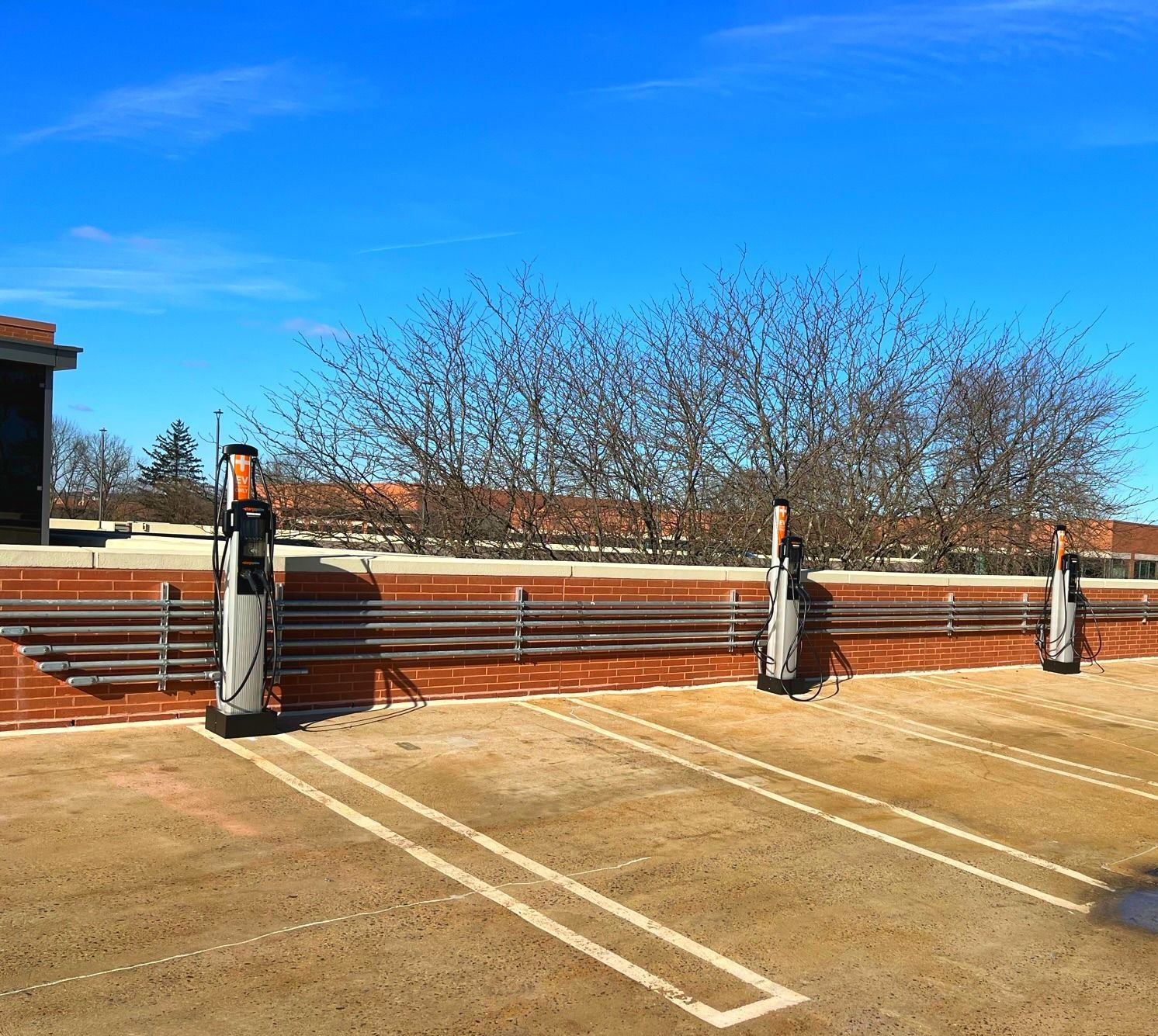 Empty outdoor court with painted lines, brick wall, and leafless trees under a clear blue sky