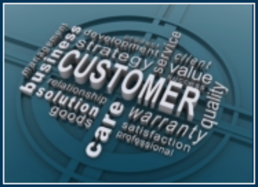 Blue customer service graphic with the word “CUSTOMER” in a circular word cloud.