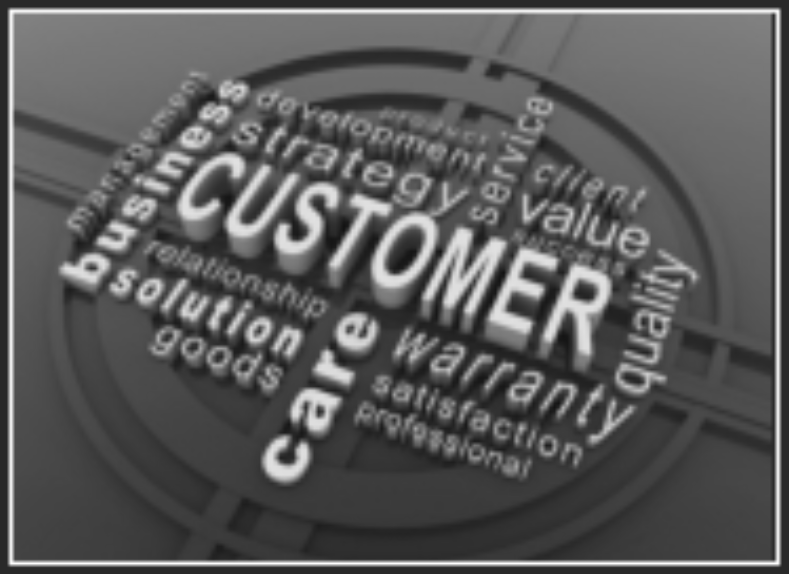 Grayscale customer service graphic with “CUSTOMER” centered in a circle of related words like care, quality, warranty, and value