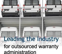 White vans in a lot with text: “Leading the Industry for outsourced warranty administration”