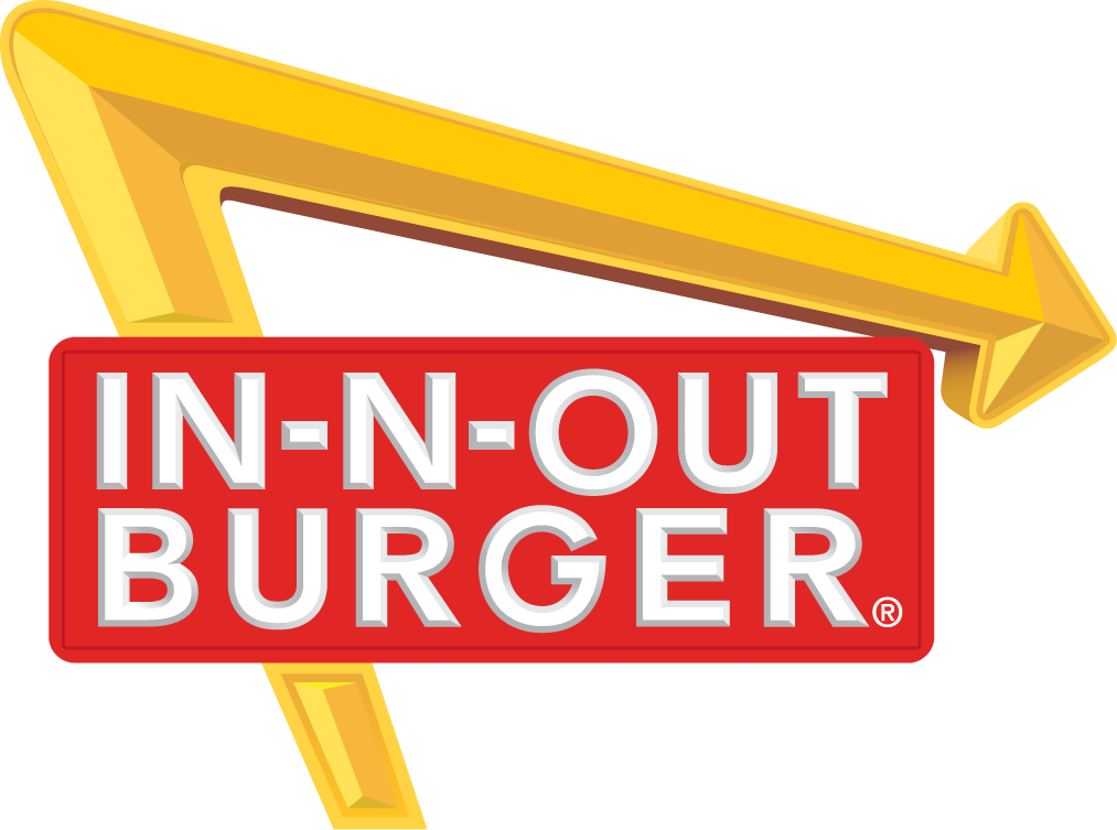 The in-n-out burger logo has a yellow arrow pointing to the right.