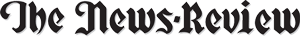 A black and white logo for the news review