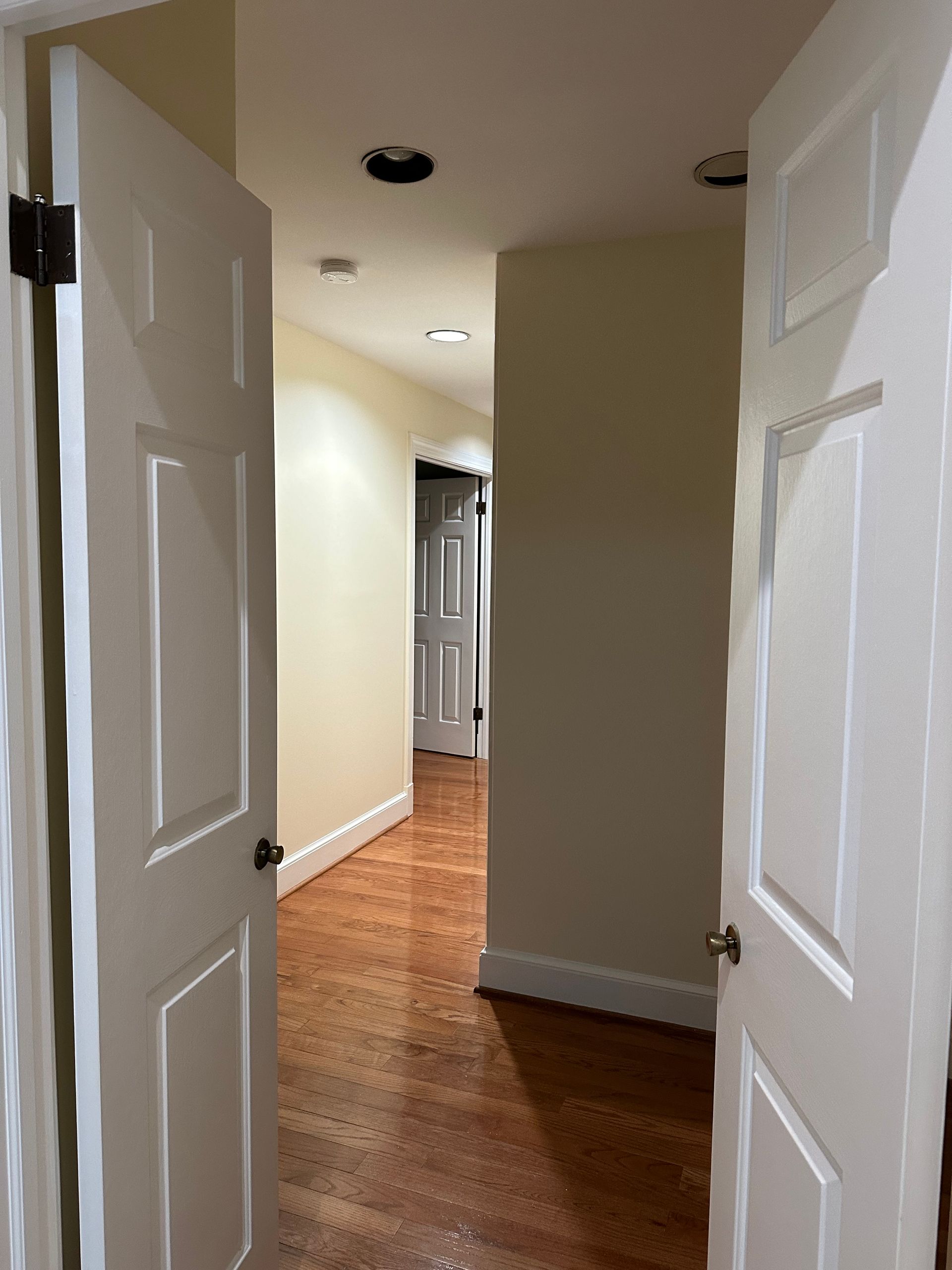 A hallway with hardwood floors and white doors.