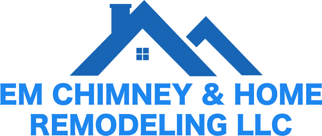 A blue logo for em chimney & home remodeling llc