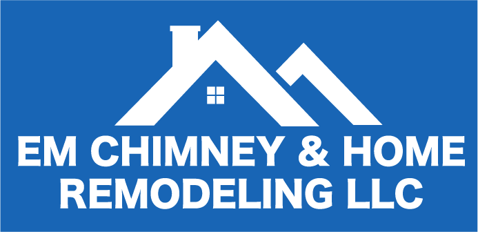 White  logo for em chimney & home remodeling llc on a blue background