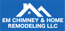 White logo for em chimney & home remodeling llc on a blue background
