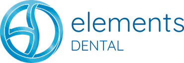 The logo for elements dental is a blue circle with a s on it.