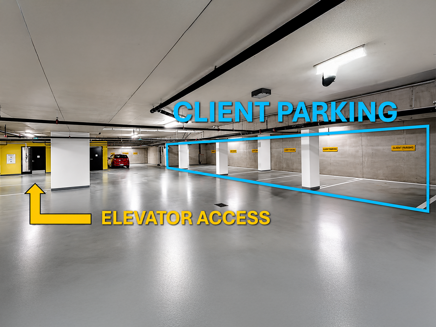 Underground parking garage with marked client parking and elevator access signposts