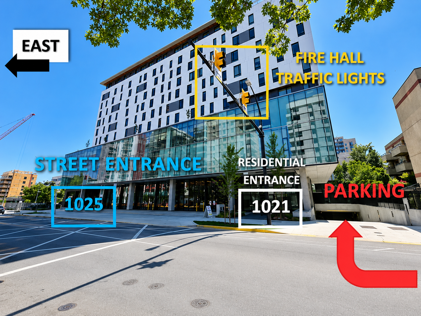 Annotated building entrance map with labeled street entrance, residential entrance, parking, traffic lights, and fire hall.