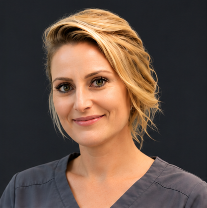 Portrait of a smiling woman in gray scrubs against a dark background