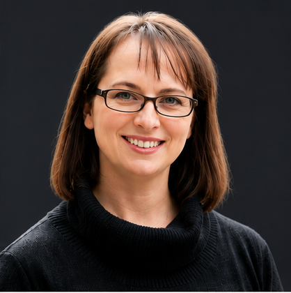 Smiling person with glasses and shoulder-length brown hair, wearing a black sweater on a dark background