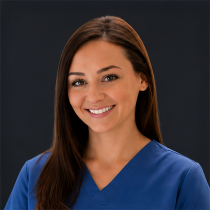 Smiling woman in blue scrubs against a dark background