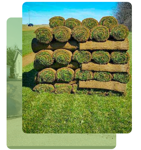 Des rouleaux de gazon empilés sur de l'herbe verte, un champ herbeux, avec une petite maison en arrière-plan.