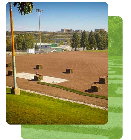 Terrain de baseball en construction, champ intérieur marron, gazon vert. Bottes de foin carrées, éclairage du stade.