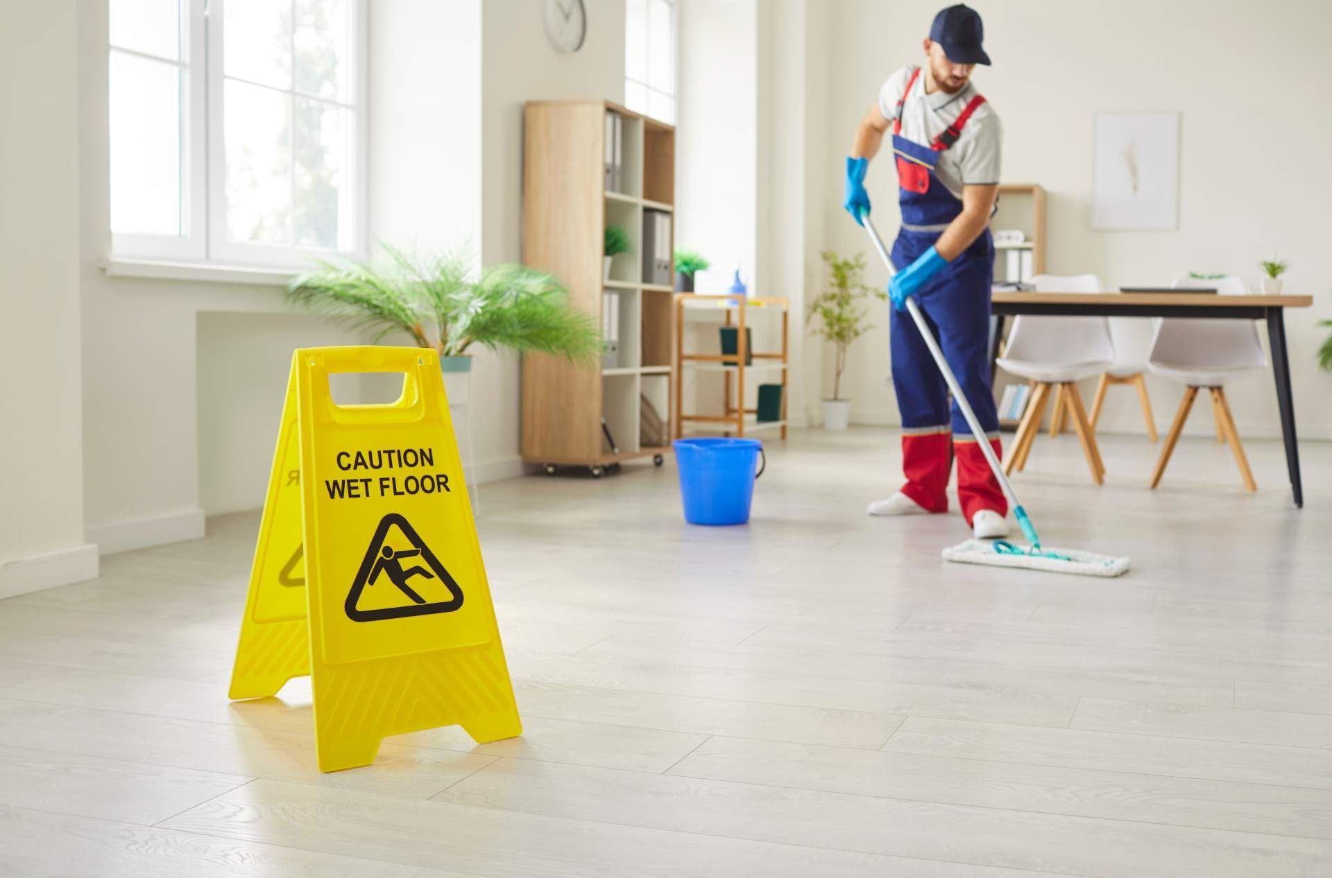 A janitor mops a brightly lit office floor behind a yellow