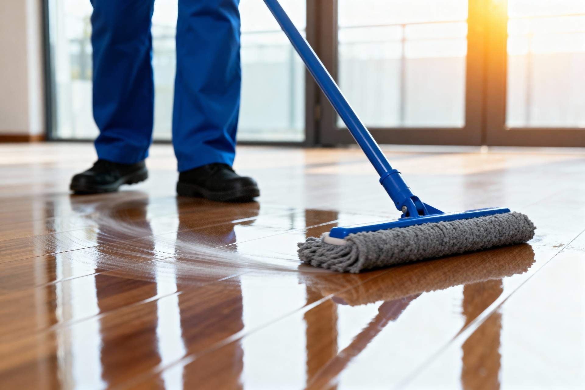 A person in blue trousers mops a shiny, reflective wooden floor in a brightly lit room.