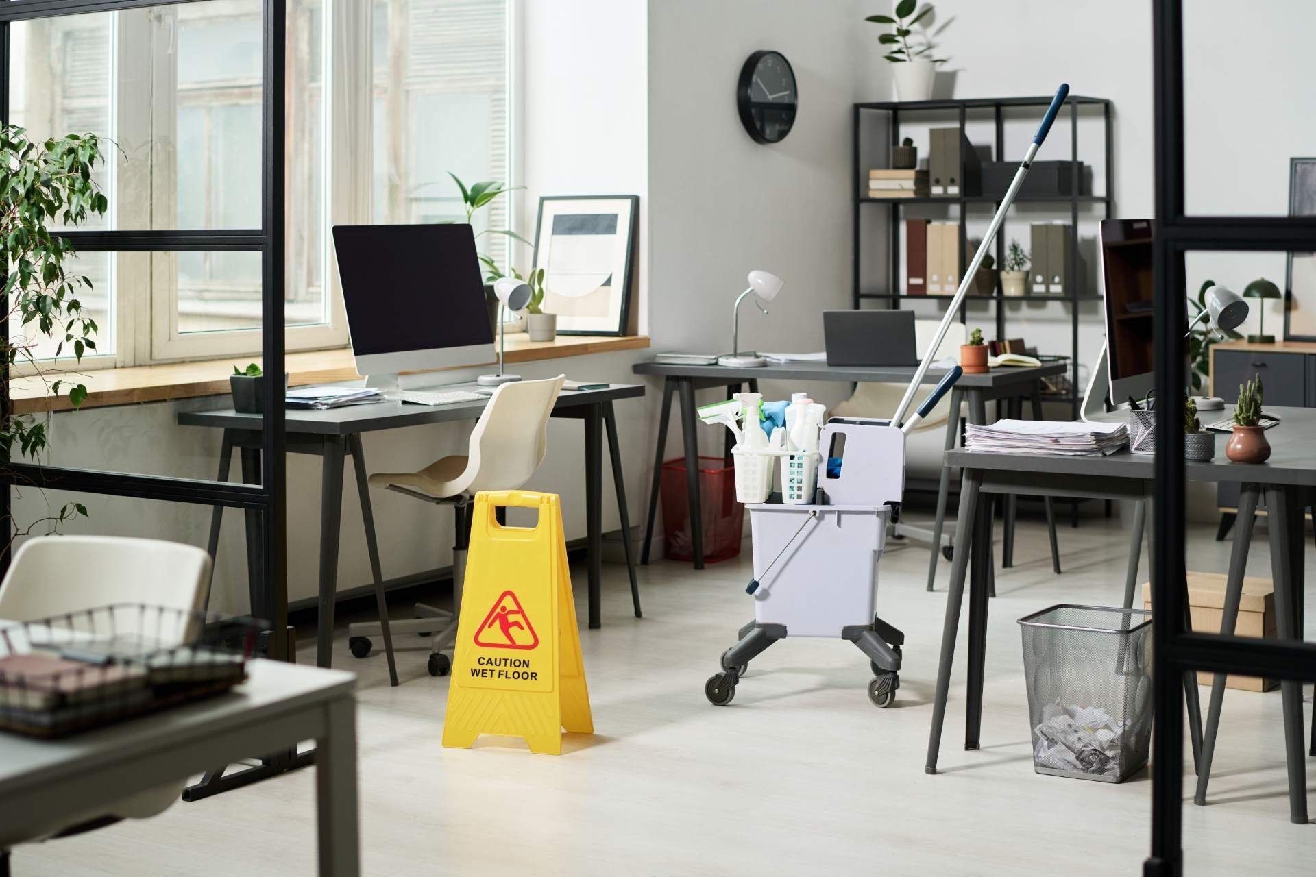 A yellow wet floor sign and a cleaning cart with a mop in a bright, modern office space.
