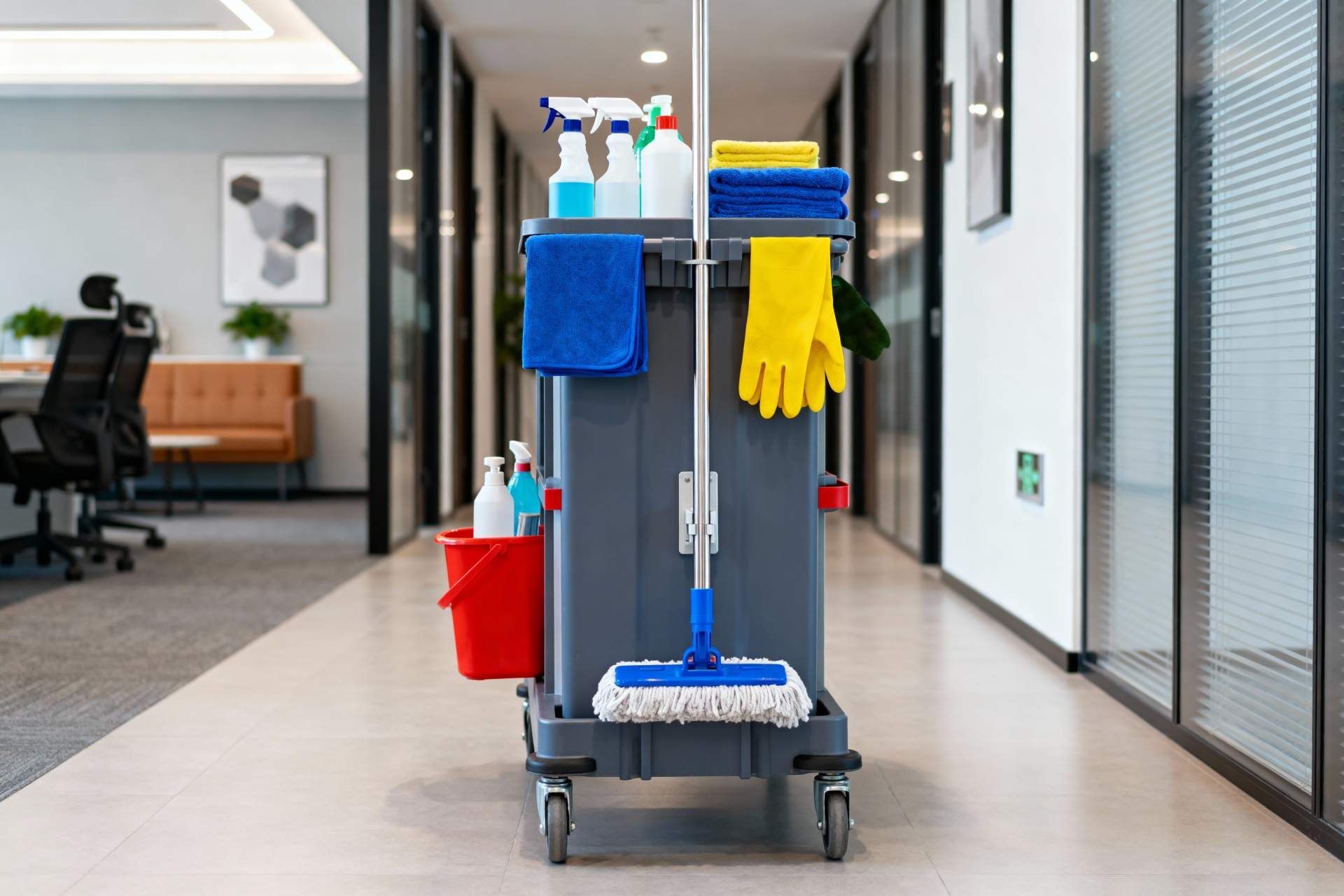 A gray janitorial cleaning cart stocked with spray bottles, cloths, gloves, and a mop in a modern office hallway.