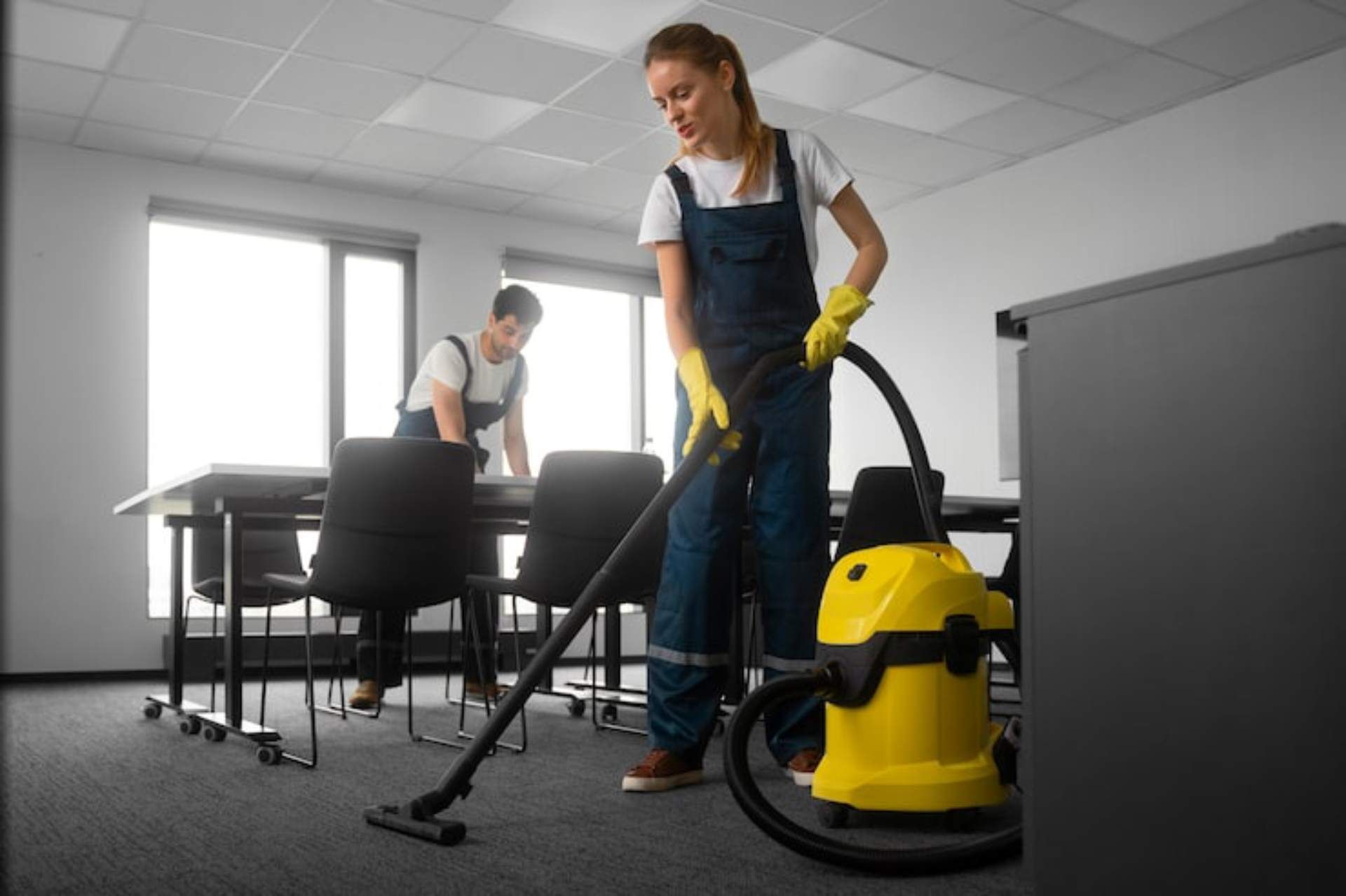 A professional cleaner vacuums a carpeted office floor while another worker cleans a table in the background.