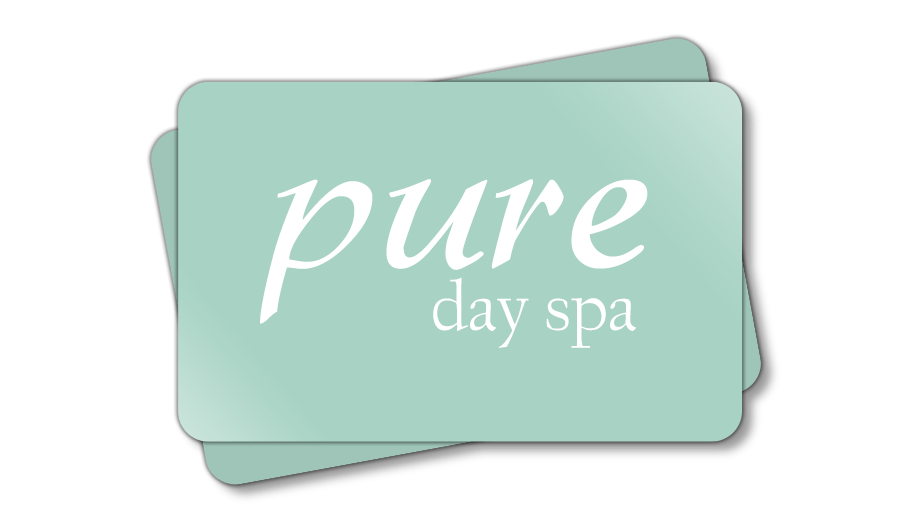 A gift card for pure clay spa is stacked on top of each other on a white background.