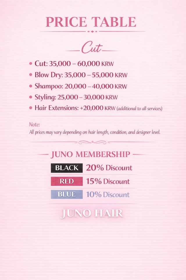 JUNO HAIR Gangnam cut price table