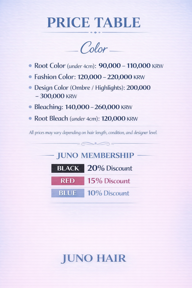 JUNO HAIR Gangnam color price table