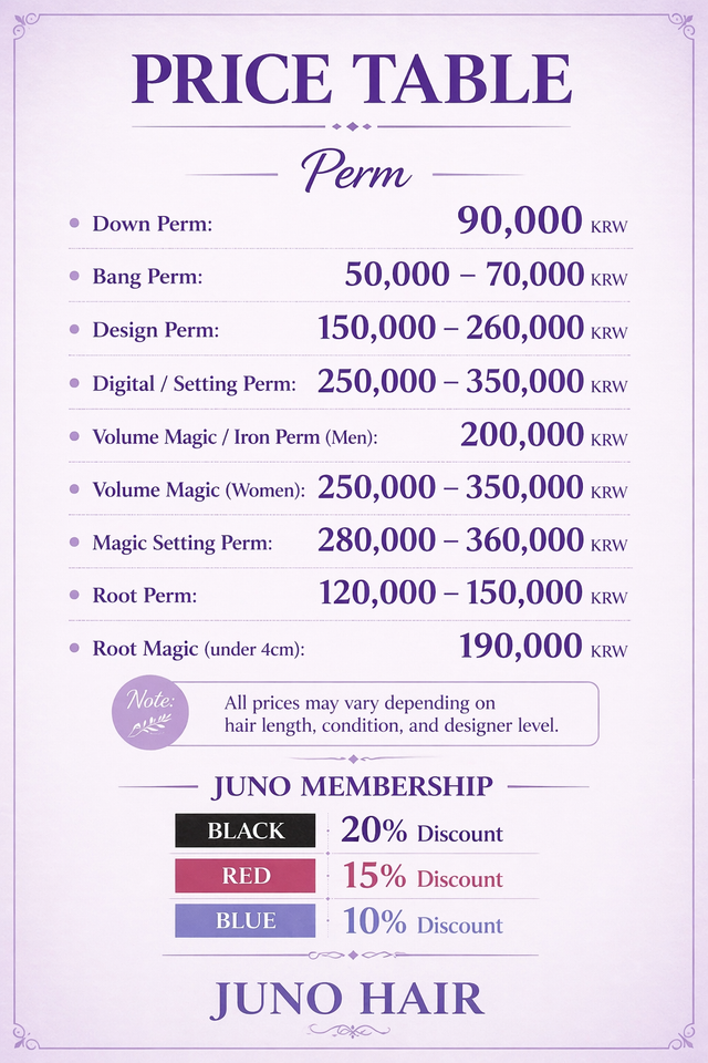 JUNO HAIR Gangnam perm price table