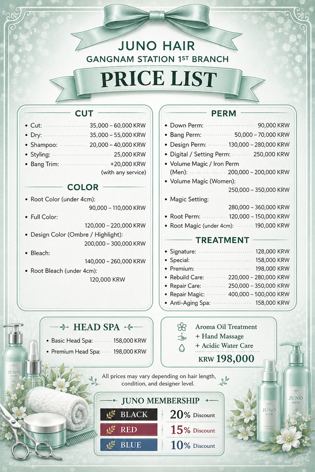 JUNO HAIR Gangnam full menu price list