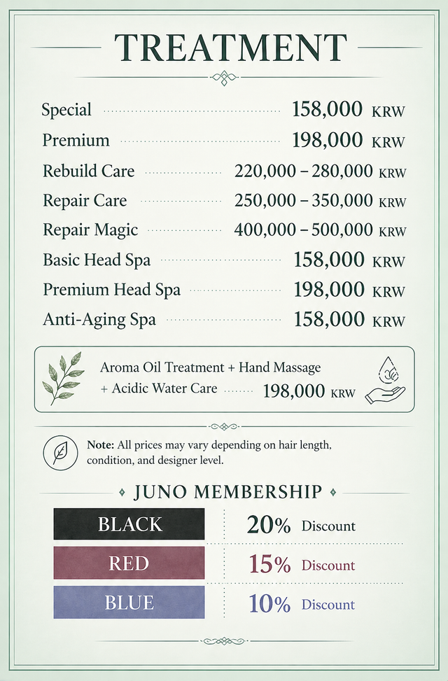 JUNO HAIR Gangnam treatment and head spa price table