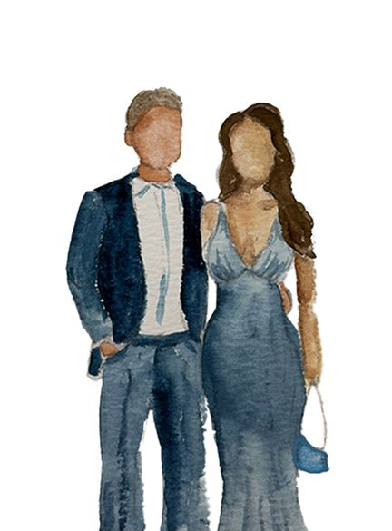 Two watercolor-style figures in blue formalwear: a man in a suit and a woman in a dress holding a purse.