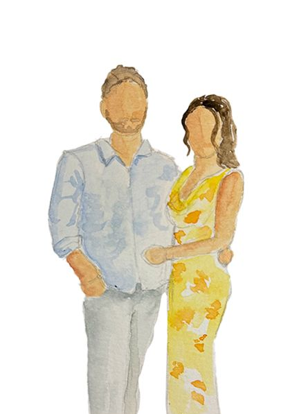 Two people standing together, one in a light blue shirt and gray pants, the other in a yellow floral dress.