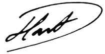 Stylized black handwritten signature on a white background, encircled by a sweeping oval line for the logo.