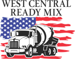 West Central Ready Mix logo with cement truck over a red, white, and blue American flag background