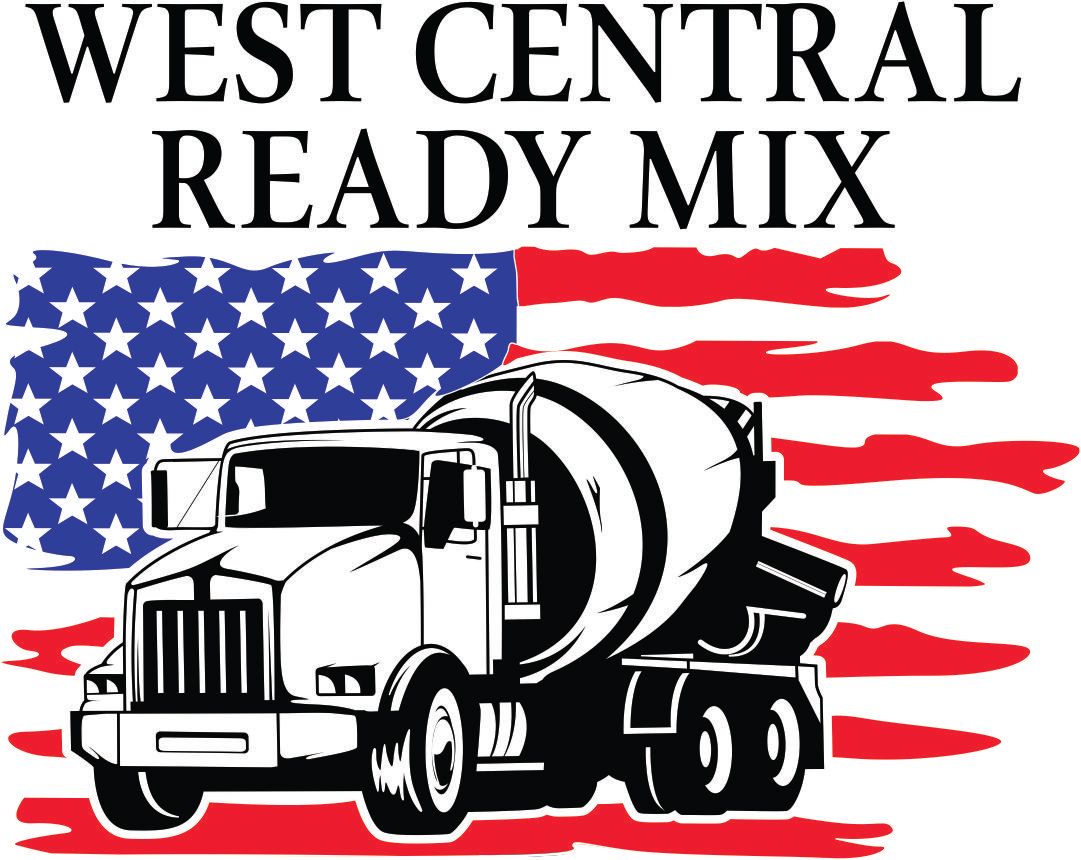 West Central Ready Mix logo with a concrete mixer truck over a U.S. flag background