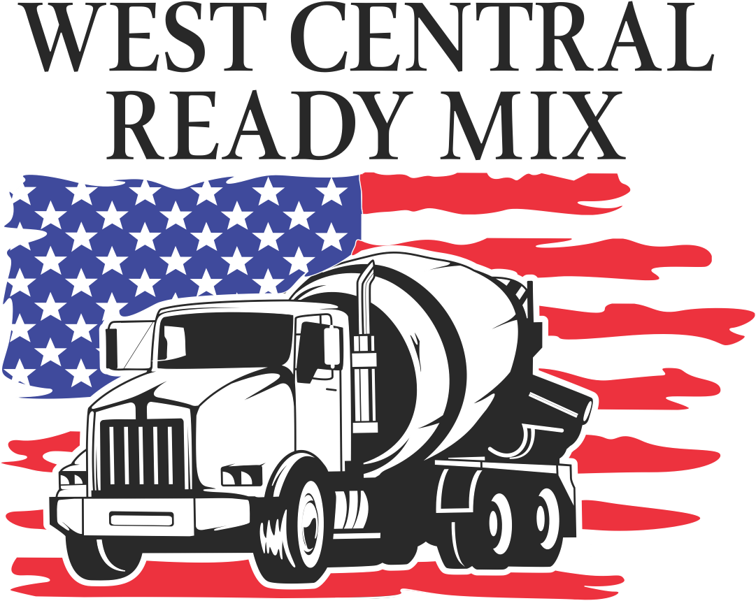 West Central Ready Mix logo with cement truck over a red, white, and blue American flag background