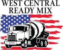West Central Ready Mix logo with a concrete mixer truck over a U.S. flag background