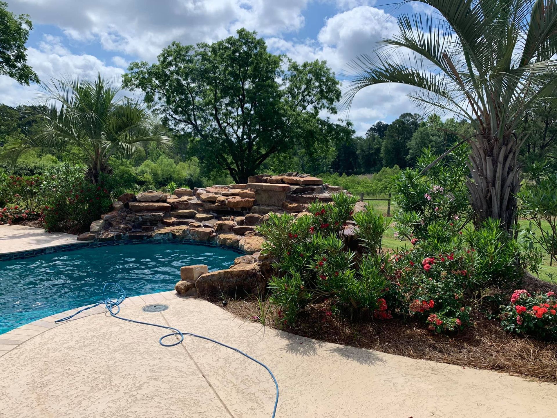 A large swimming pool with a waterfall in the backyard surrounded by trees and bushes.