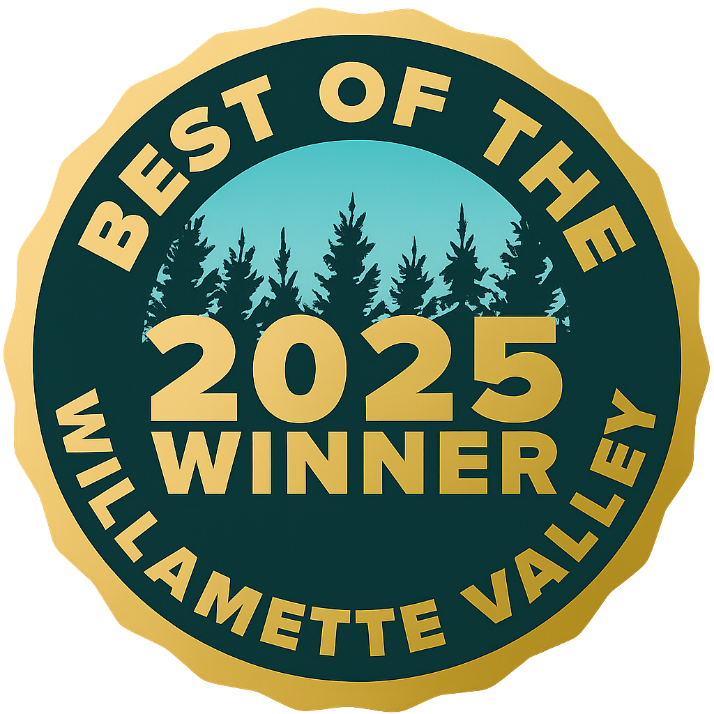 Best of the Willamette Valley 2025 winner badge with gold text on teal background