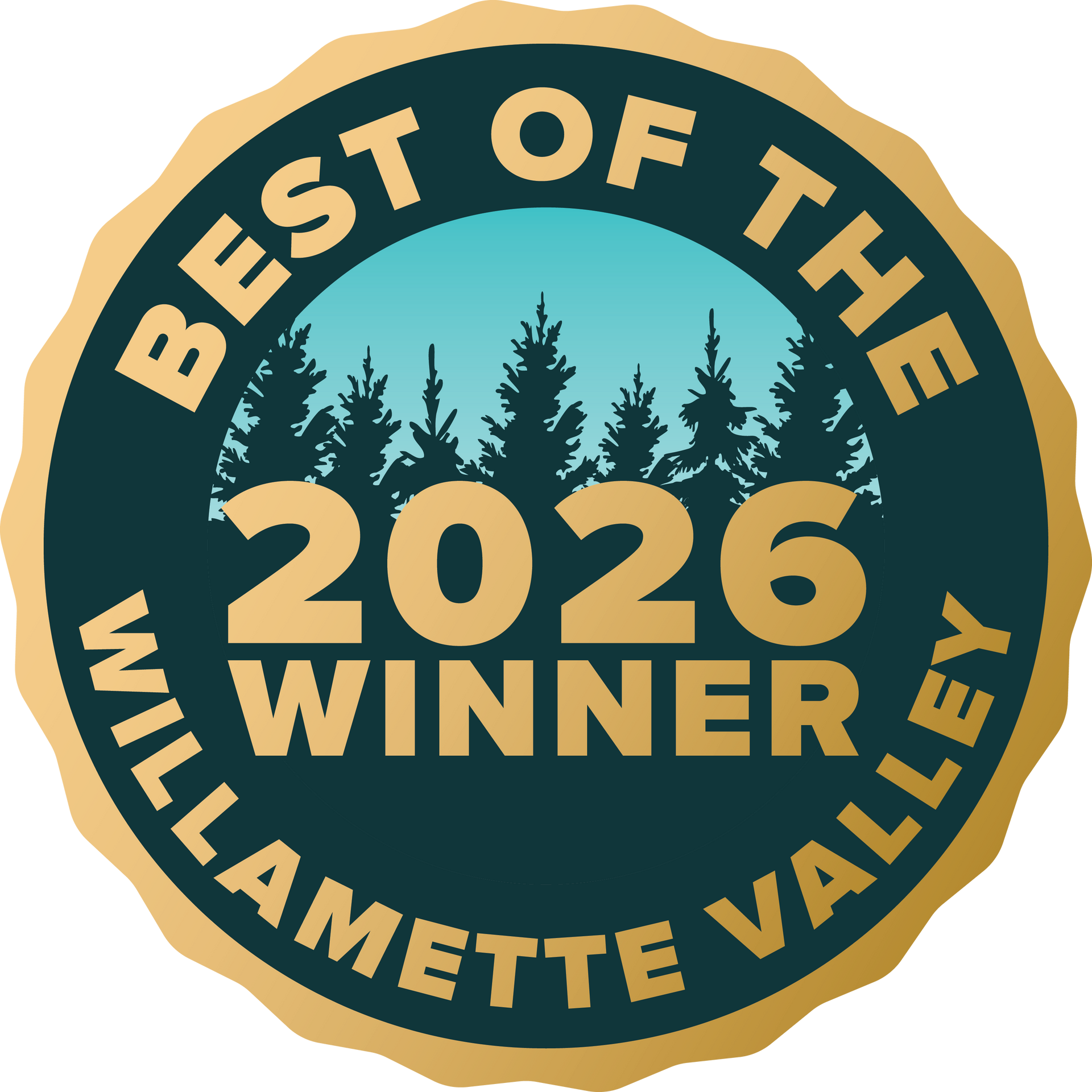 Best of the Willamette Valley 2026 Winner badge with teal forest and gold text