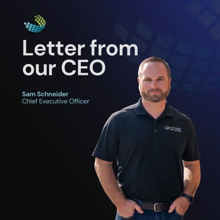 Letter from our CEO with Sam Schneider standing in a navy polo on a dark background