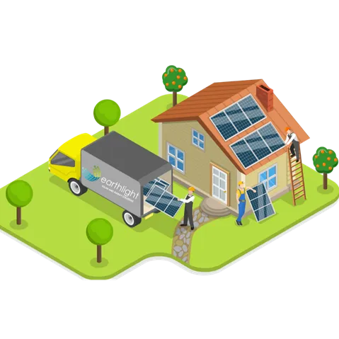 Solar installers working beside a house with rooftop panels and a delivery truck