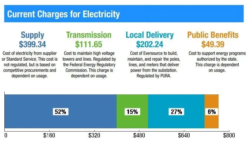 Bar chart of electricity charges: supply, transmission, local delivery, and public benefits with dollar amounts and percentages.