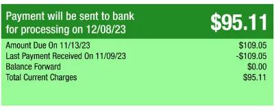 Green bank payment notice showing $95.11 due, payment sent 11/28/23, last payment 11/09/23