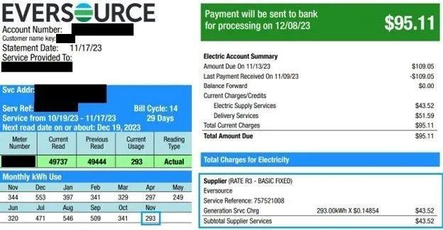 EverSource utility bill statement with green payment banner and monthly usage table.