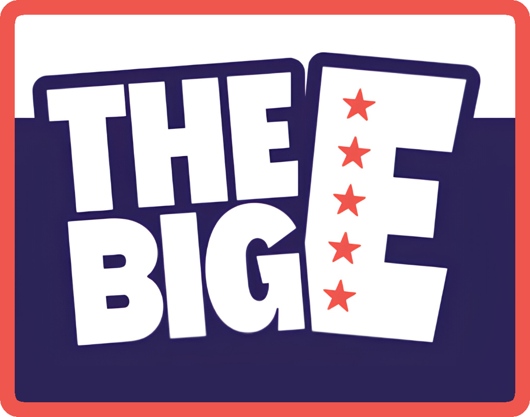 Logo reading “THE BIG E” in white and purple with red stars on the E