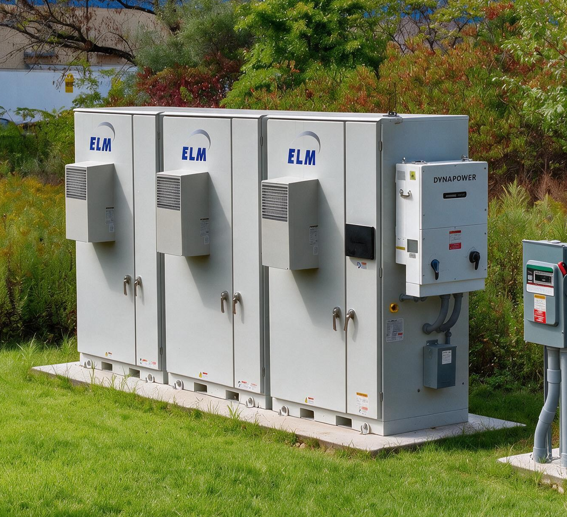 Gray electrical utility cabinets on a grassy lawn beside a small control box.
