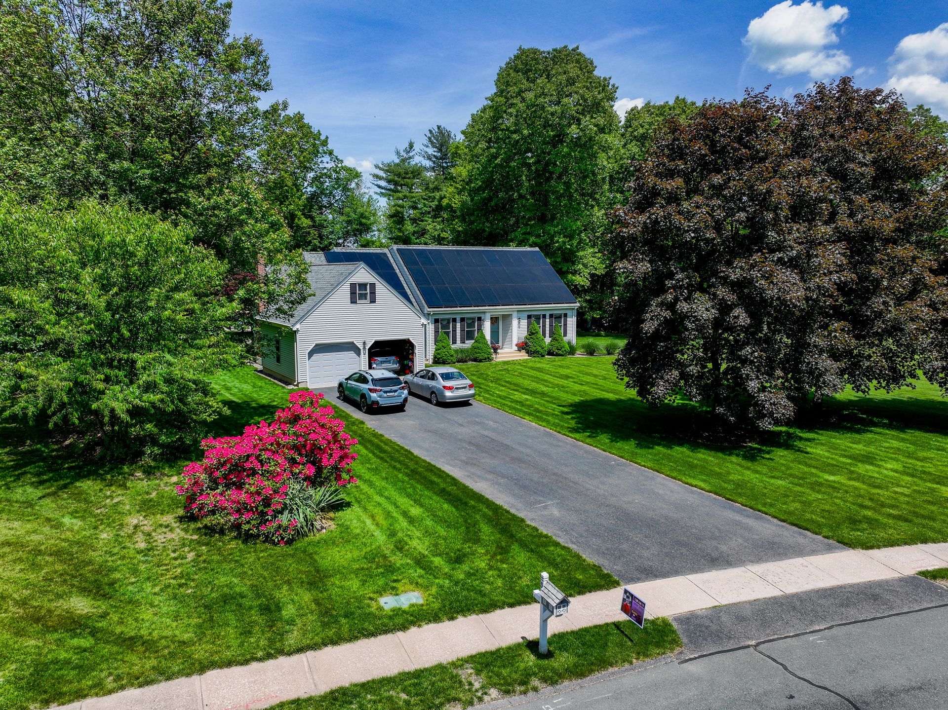 Suburban house with a driveway, parked cars, and lush green yard with trees and pink flowers