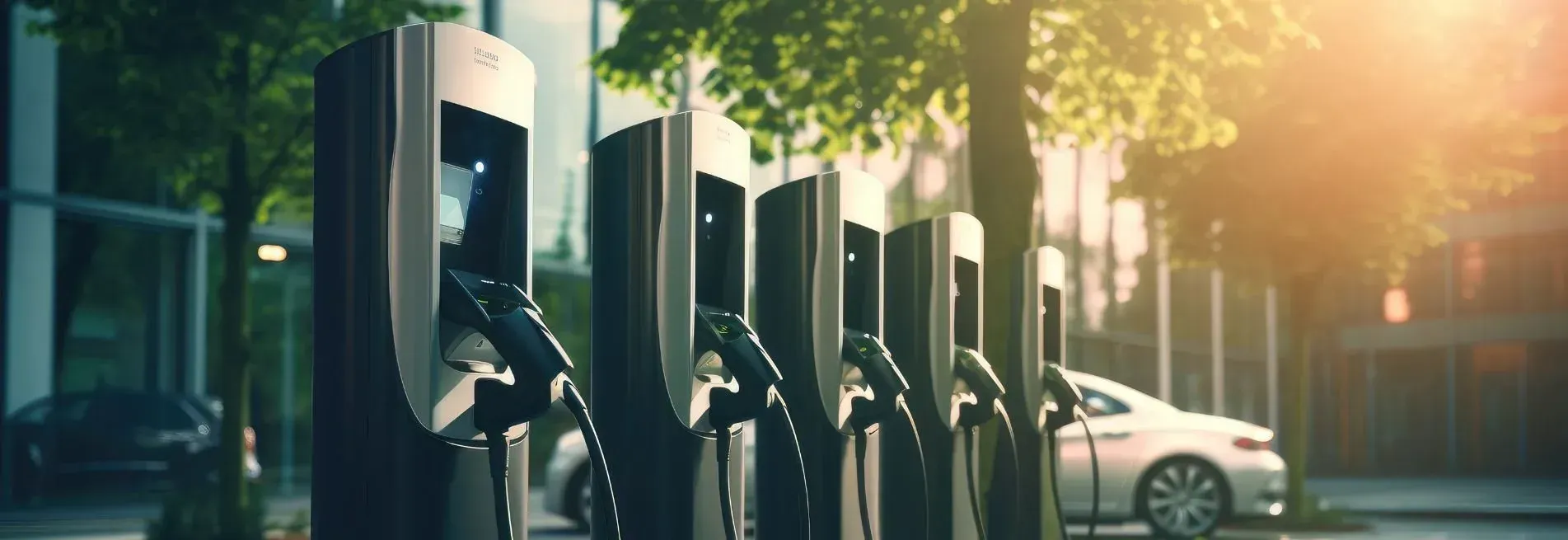 Row of electric vehicle charging stations on a sunlit street with parked cars and trees nearby