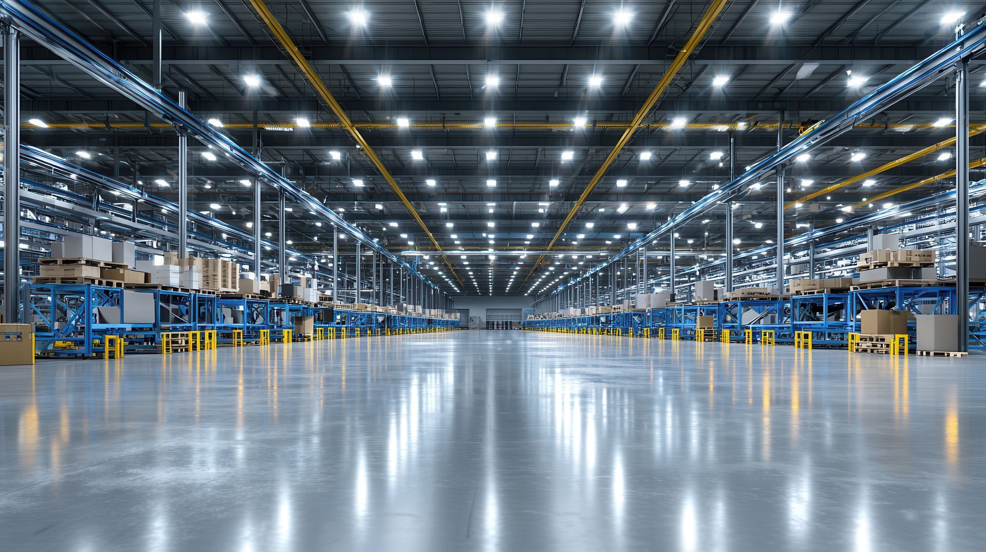 Empty warehouse interior with polished floor, bright overhead lights, and rows of shelving and equipment
