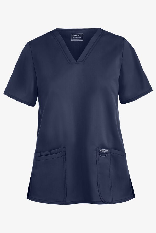 Navy blue V-neck scrub top with two front pockets.